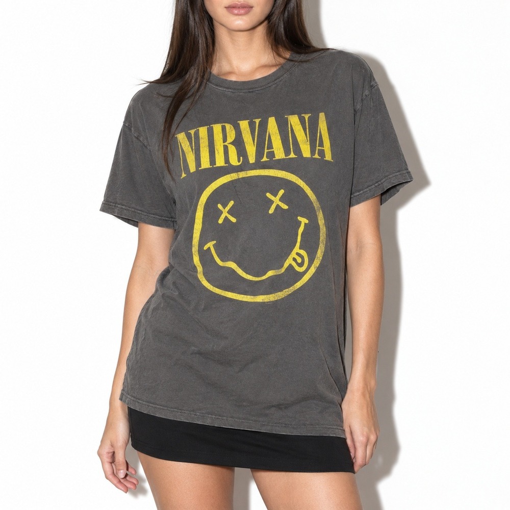 Nirvana Smiley Graphic Tee Size XL Washed Gray Yellow 90s Band T Shirt